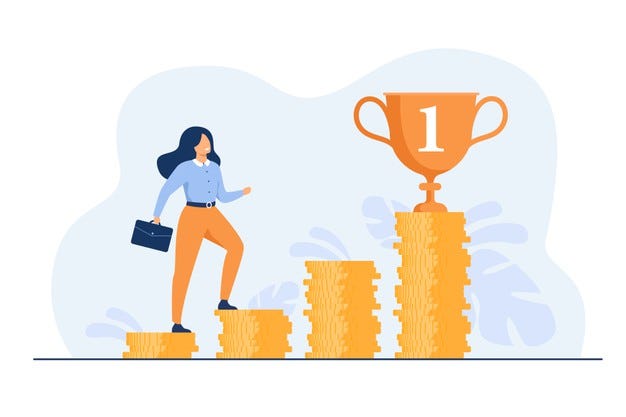 successful-woman-climbing-stairs-from-stacks-coins-flat-illustration